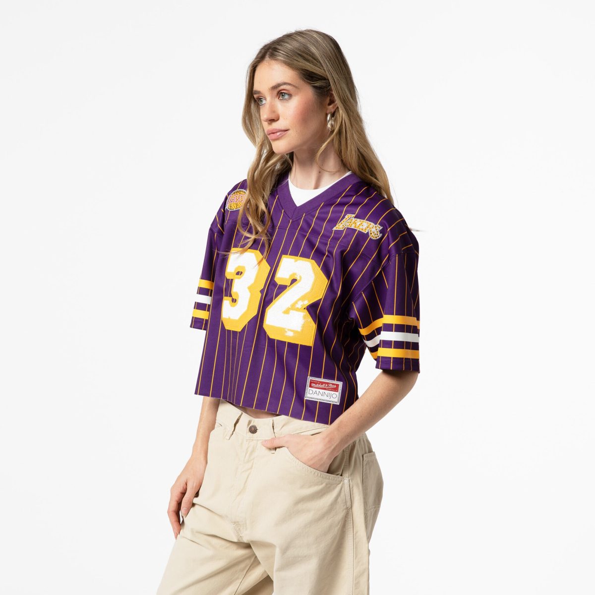 Official Los Angeles Lakers womens los angeles lakers magic johnson mitchell  ness x dannijo purple cropped football fashion jersey 202757162 | Lakers Shop