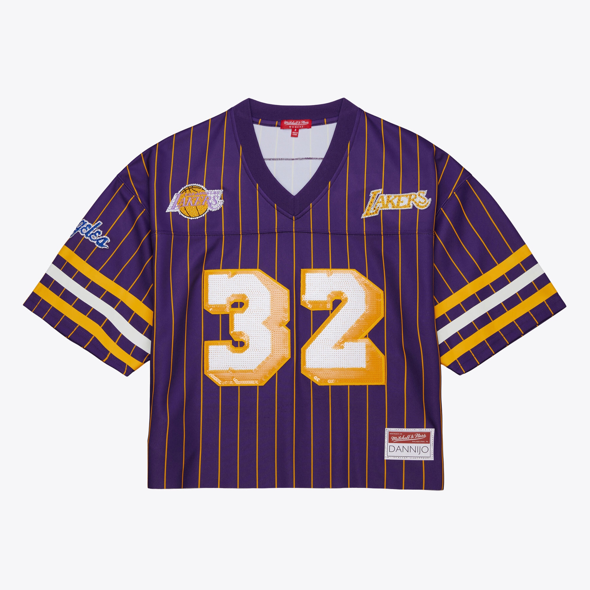 Official Los Angeles Lakers womens los angeles lakers magic johnson mitchell  ness x dannijo purple cropped football fashion jersey | Lakers Shop