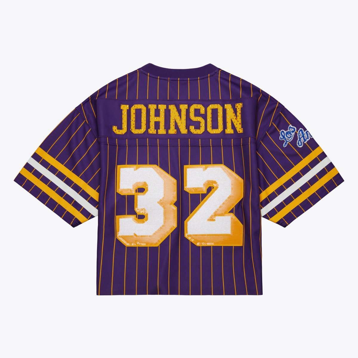 Official Los Angeles Lakers womens los angeles lakers magic johnson mitchell  ness x dannijo purple cropped football fashion jersey | Lakers Shop