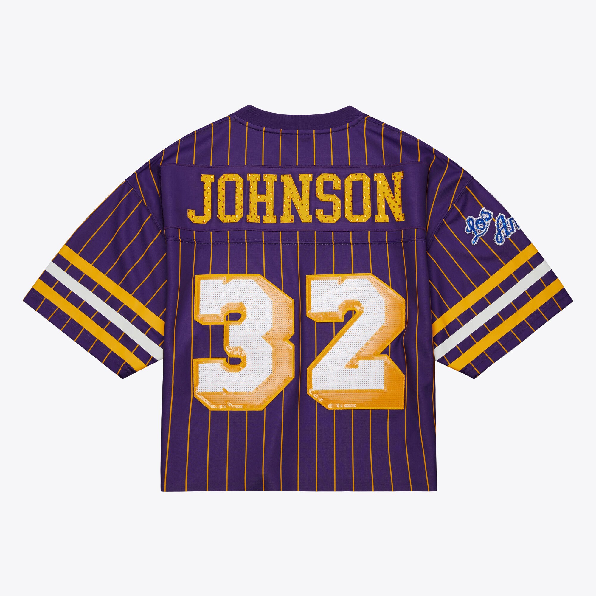 Official Los Angeles Lakers womens los angeles lakers magic johnson mitchell  ness x dannijo purple cropped football fashion jersey | Lakers Shop