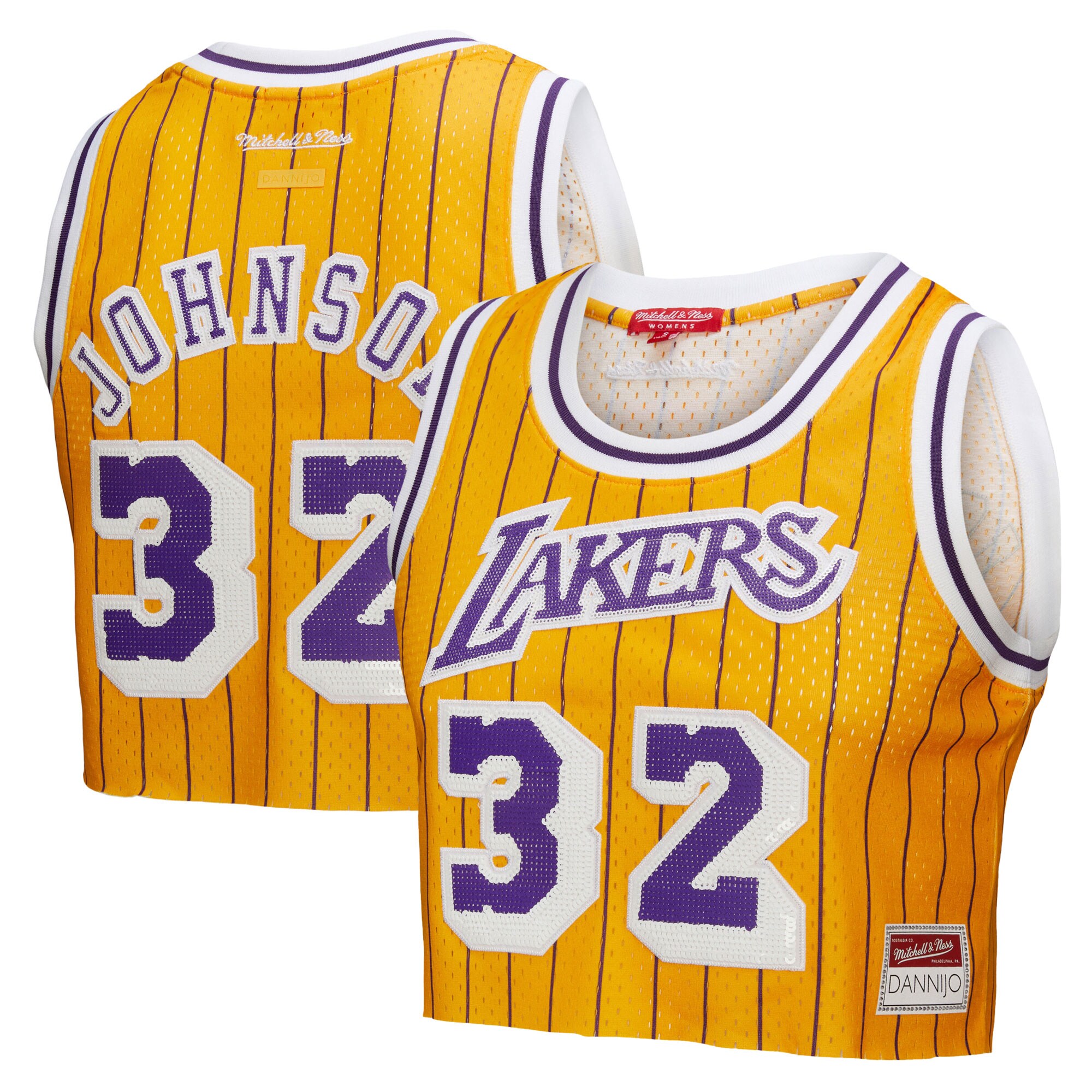 Official Los Angeles Lakers womens los angeles lakers magic johnson mitchell  ness x dannijo yellow fashion cropped basketball jersey | Lakers Shop