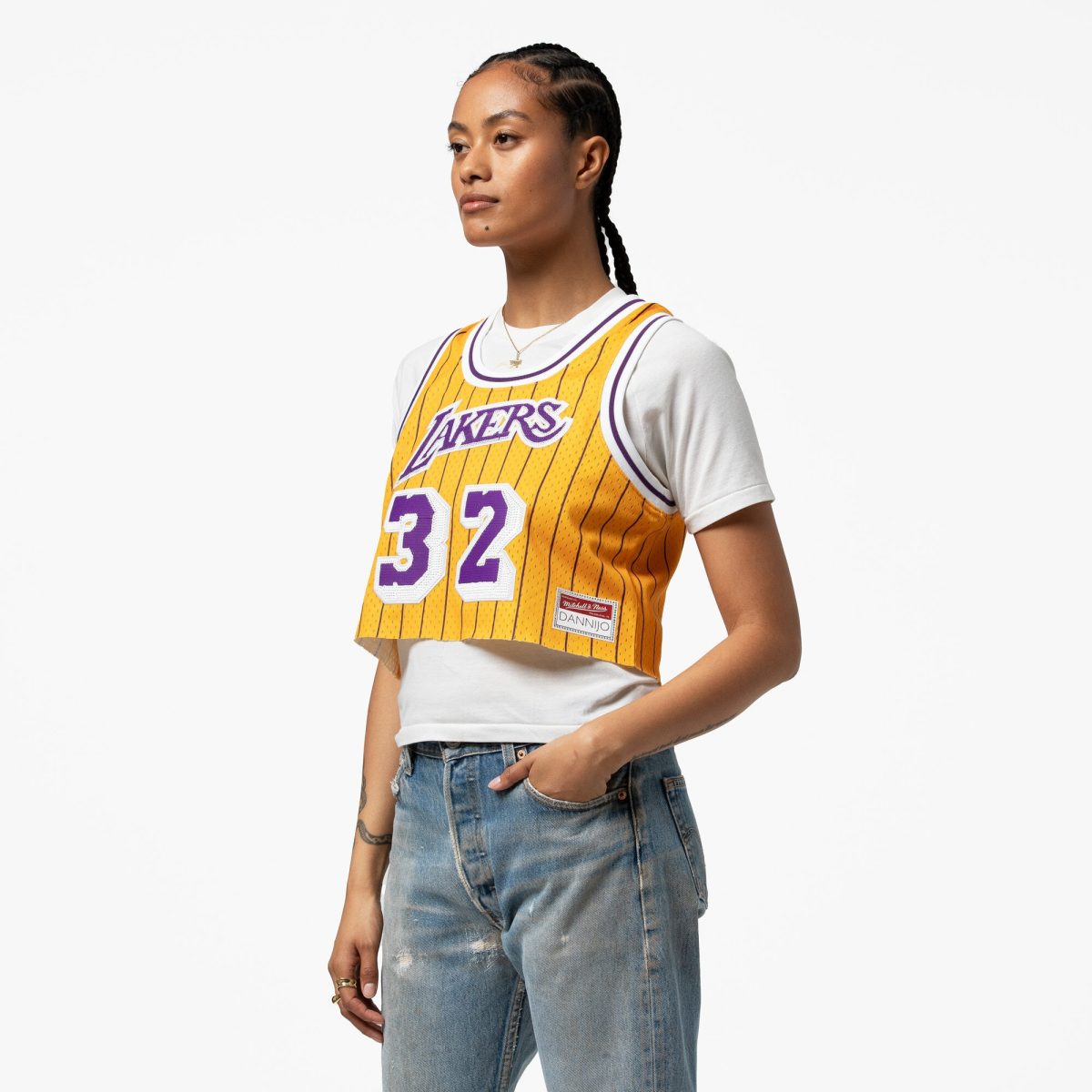 Official Los Angeles Lakers womens los angeles lakers magic johnson mitchell  ness x dannijo yellow fashion cropped basketball jersey | Lakers Shop