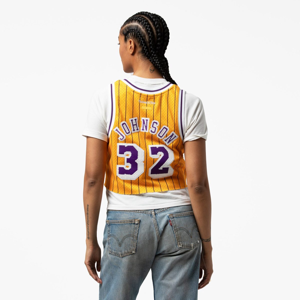 Official Los Angeles Lakers womens los angeles lakers magic johnson mitchell  ness x dannijo yellow fashion cropped basketball jersey | Lakers Shop