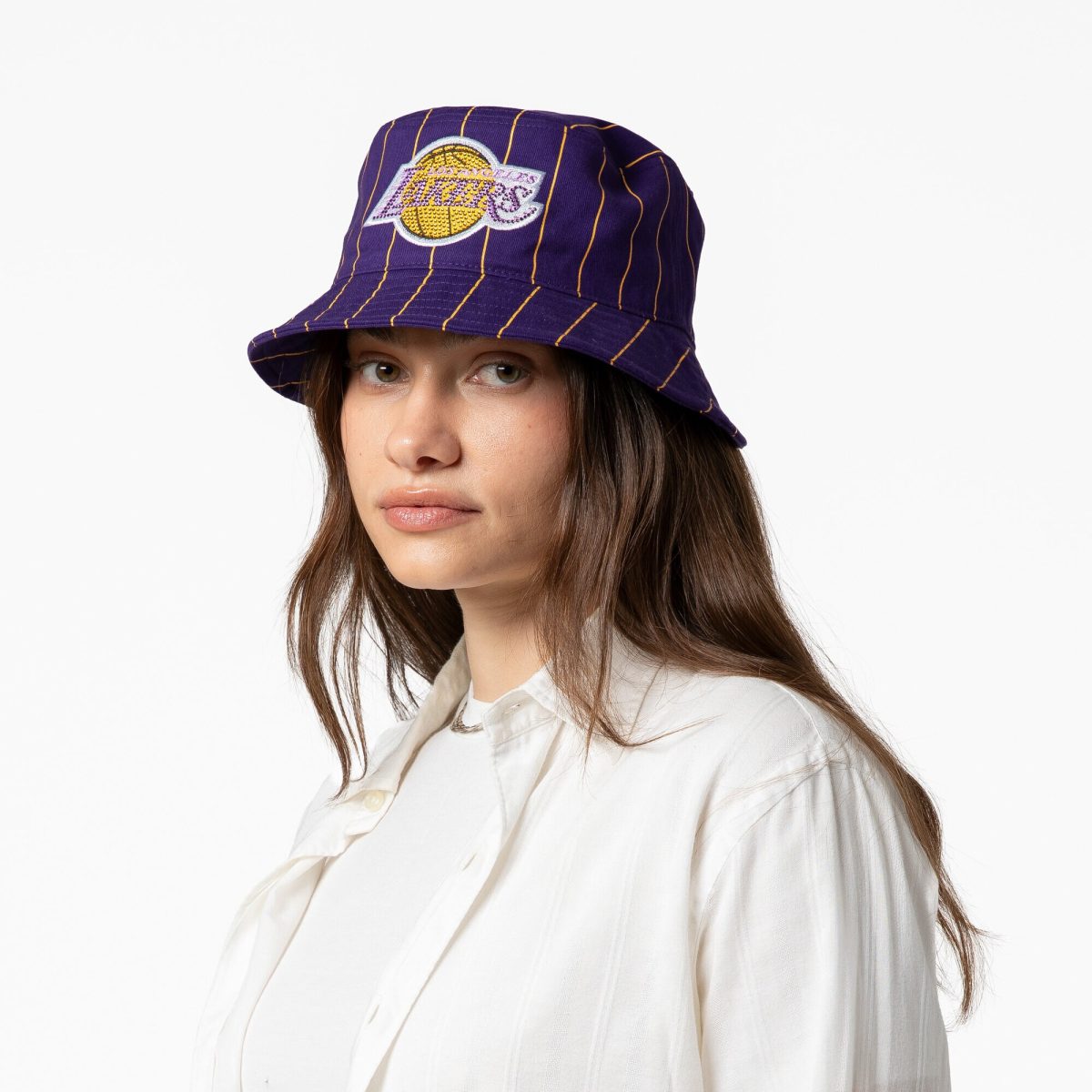 Official Los Angeles Lakers womens los angeles lakers mitchell  ness x dannijo purple bucket hat | Lakers Shop