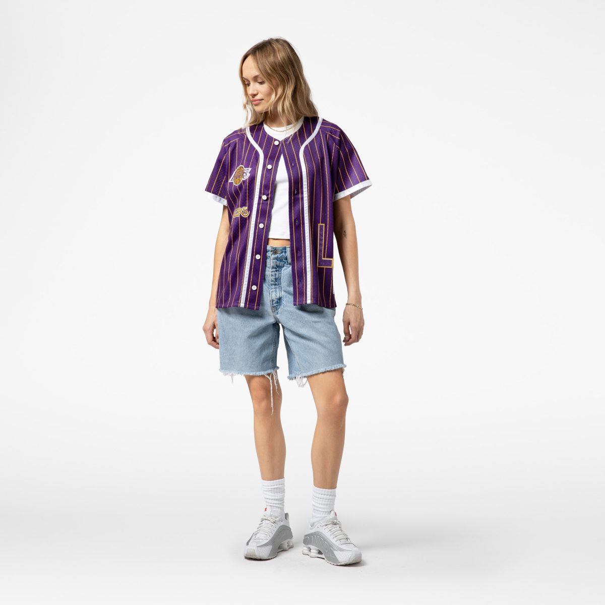 Official Los Angeles Lakers womens los angeles lakers mitchell  ness x dannijo purple fashion baseball jersey | Lakers Shop
