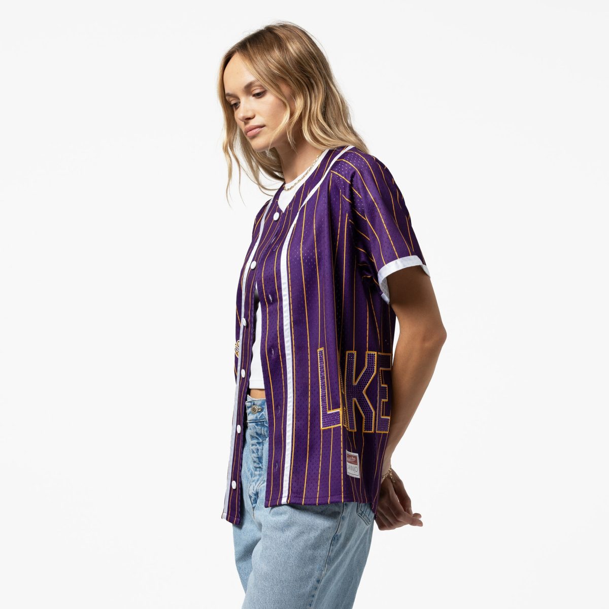 Official Los Angeles Lakers womens los angeles lakers mitchell  ness x dannijo purple fashion baseball jersey | Lakers Shop