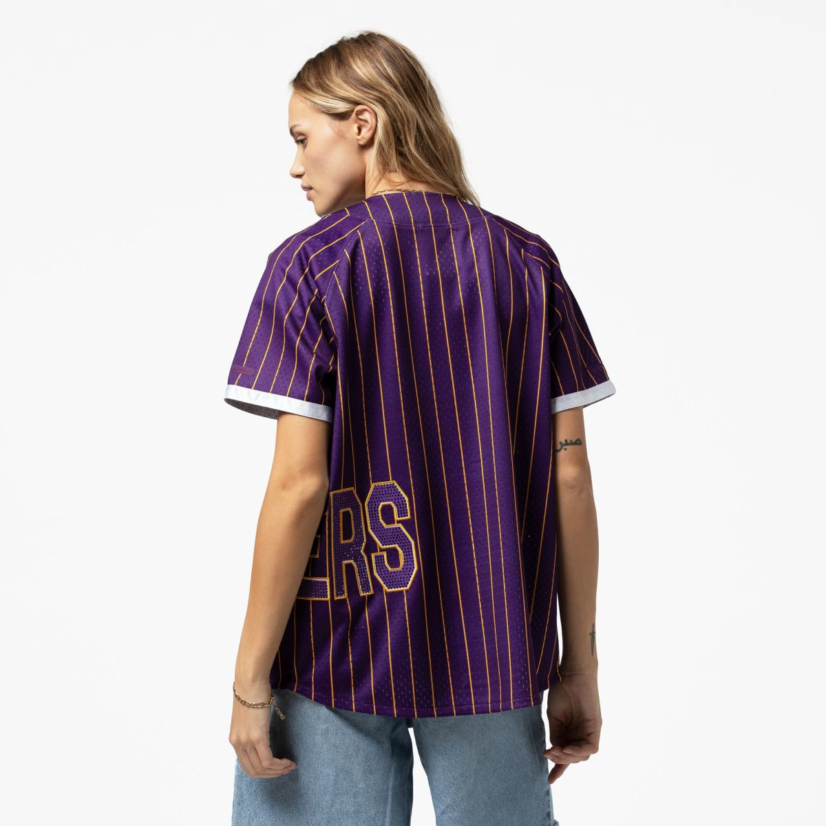 Official Los Angeles Lakers womens los angeles lakers mitchell  ness x dannijo purple fashion baseball jersey | Lakers Shop