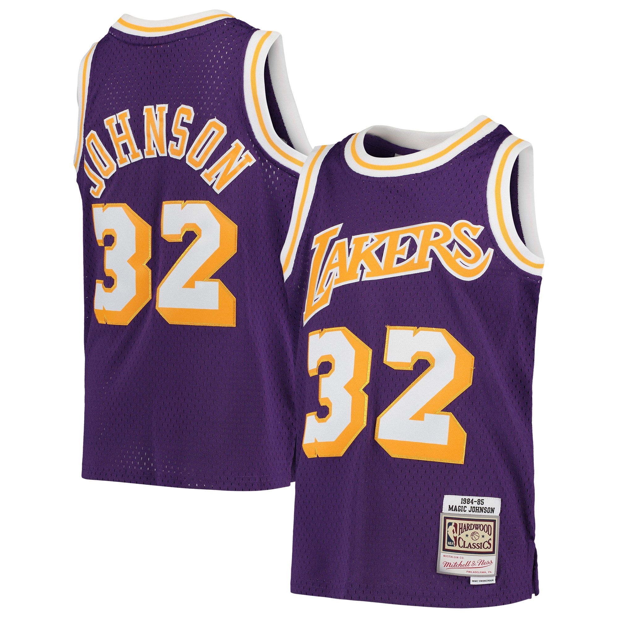 Official Los Angeles Lakers youth los angeles lakers magic johnson mitchell  ness purple 1984-85 hardwood classics swingman throwback jersey | Lakers Shop