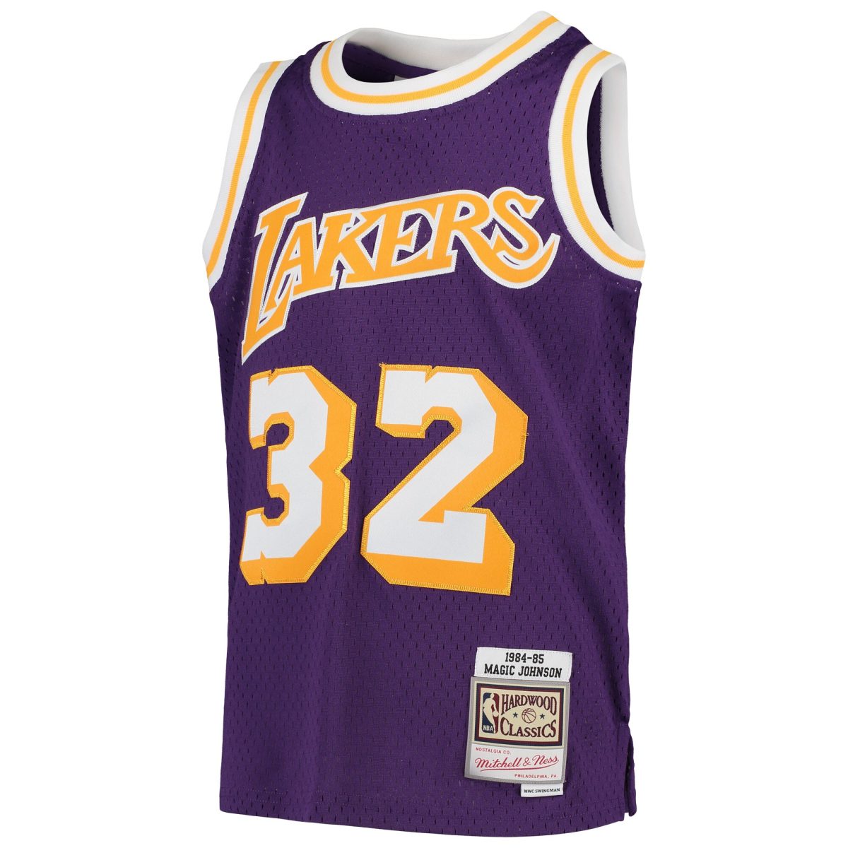 Official Los Angeles Lakers youth los angeles lakers magic johnson mitchell  ness purple 1984-85 hardwood classics swingman throwback jersey | Lakers Shop