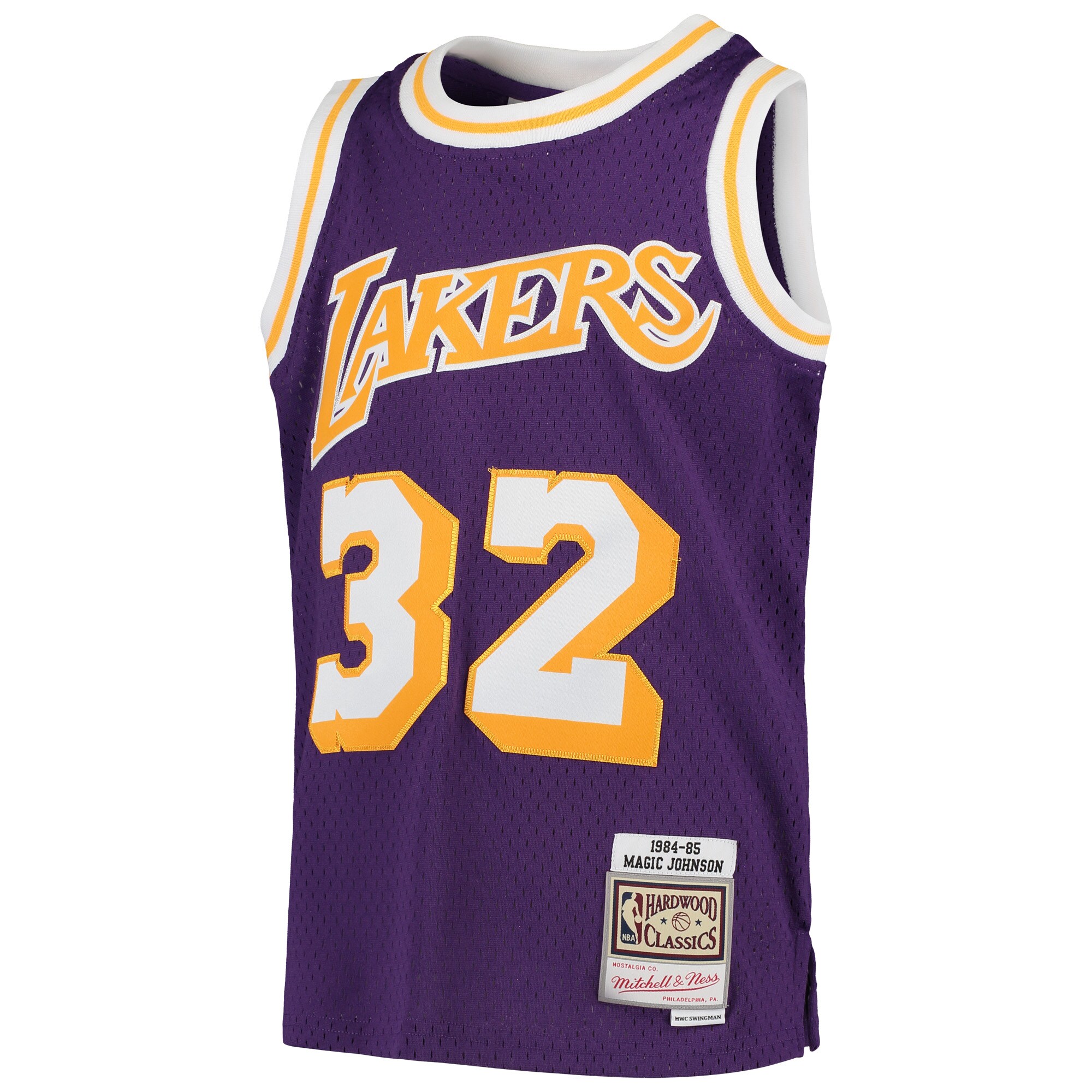 Official Los Angeles Lakers youth los angeles lakers magic johnson mitchell  ness purple 1984-85 hardwood classics swingman throwback jersey | Lakers Shop